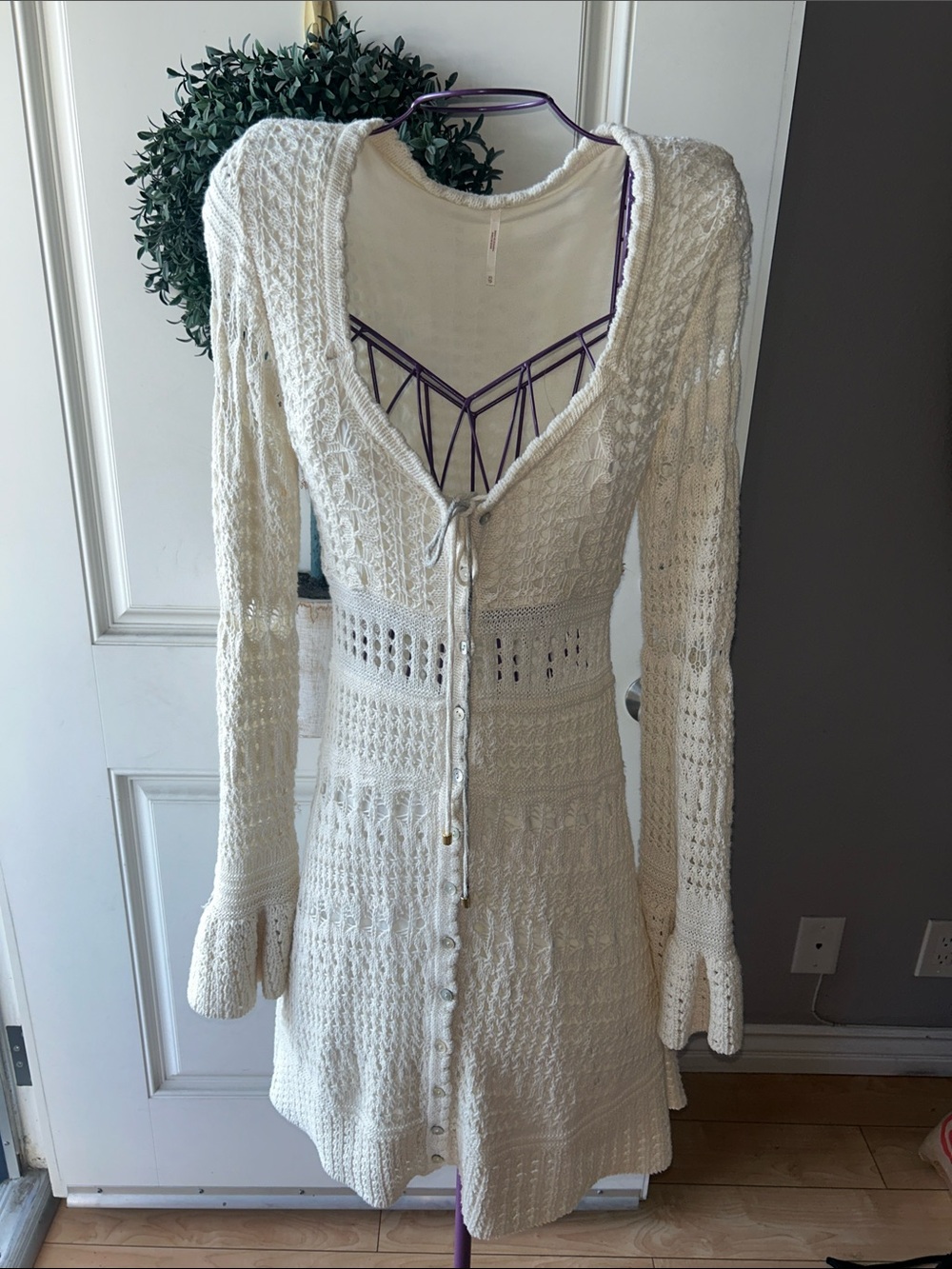 Free People Cream Knit Button-Front Dress with Flared Cuffs